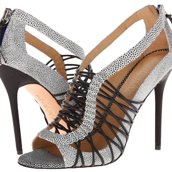 L.A.M.B. GRAY RAIVYN OPEN STILETTO PEEP TOE HEELS, SIZE 10M Platform Height3 in - Picture 2 of 8